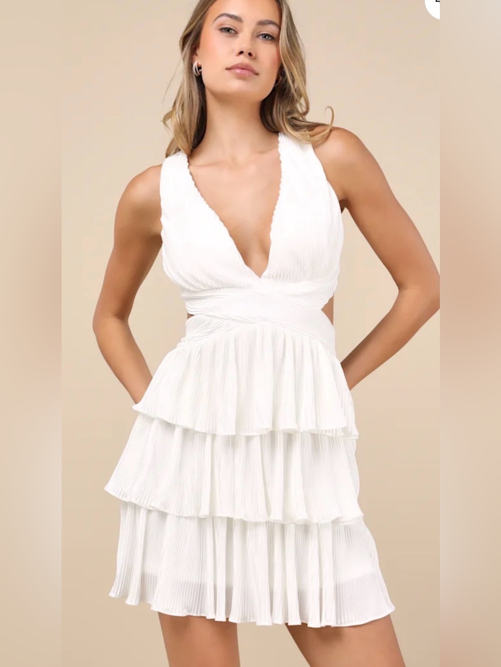 Lulus Beauty Icon White Satin Pleated Tiered Lace-Up Mini Dress